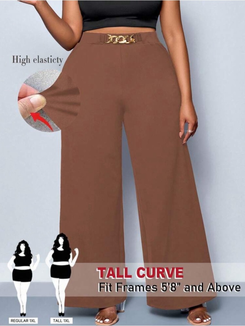 🤎 NWT Plus Size Chocolate Brown Wide Leg Pants with Gold Chain Accent - 2XL 🤎 - Picture 2 of 10